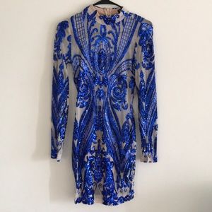 Nude Mesh with Royal Blue Sequin Dress